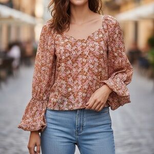 Dress Up Floral Orange Blouse with Bell Sleeves Size M
